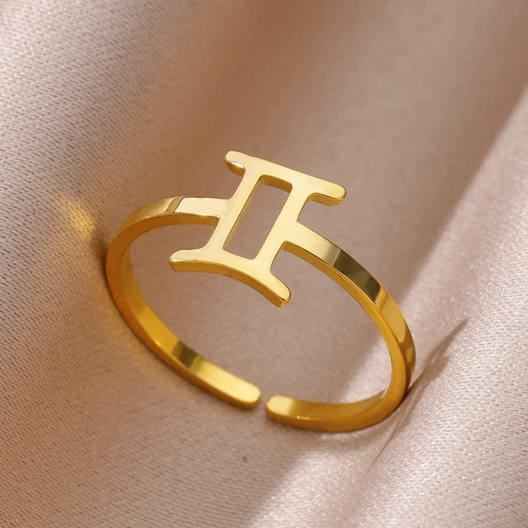 Simple Stainless Steel Jewelry 18k Gold Plated 12 Sign Symbol Zodiac Fashion Fine Open Adjustable Rings for Women Valentine Gift