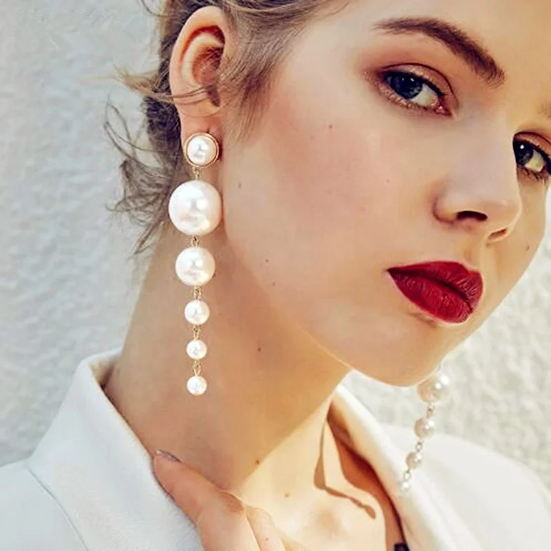 Simple Artificial Pearl Long dangle Drop Tassel Korea statements Earrings Fashion Accessories 2023