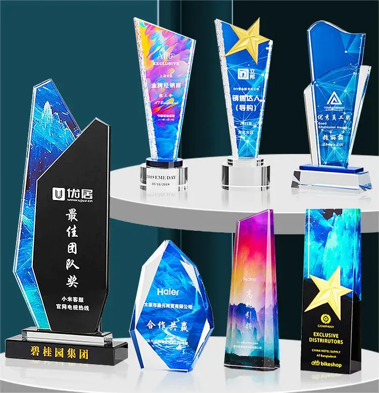 Outstanding Staff K9 Crystal Award Trophy Sublimation Crystal Trophy Manufacturer Customize Colored Printing Crystal Trophy