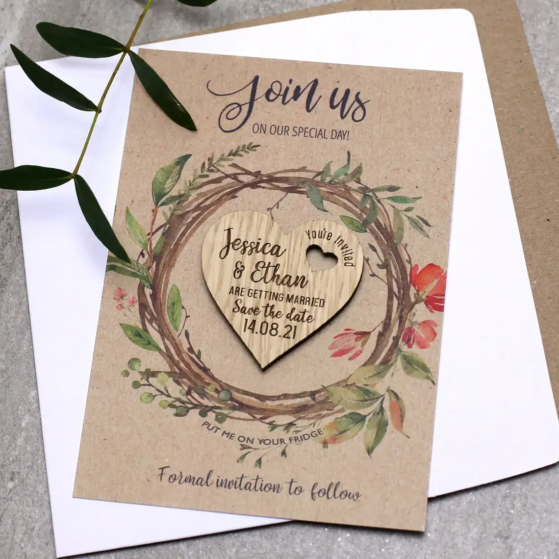 Personalised Luxury Save The Date Wooden Heart Wedding Magnets With Cards