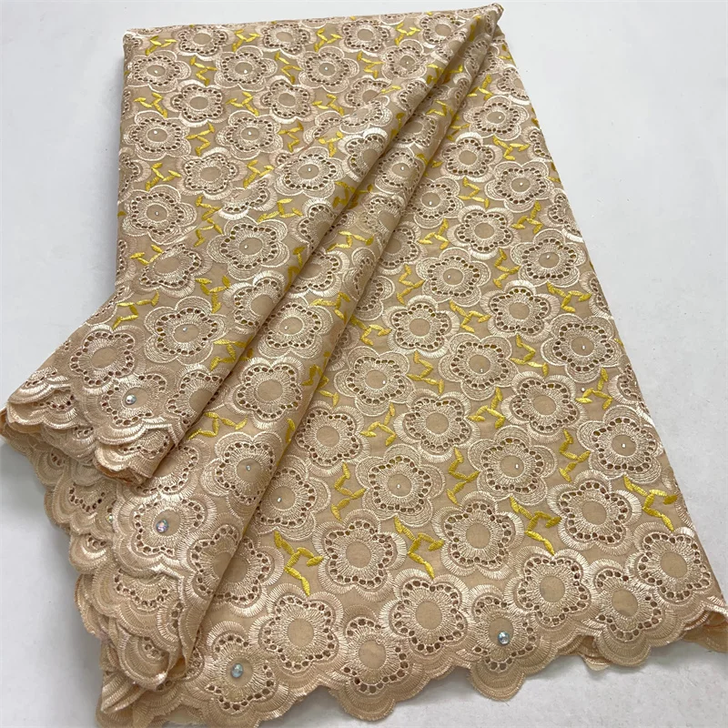 3853 New Arrival African Cotton Embroidery Lace Fabric 5 Yards Swiss Voile Lace with Rhinestones for Women Wedding Dresses Sew
