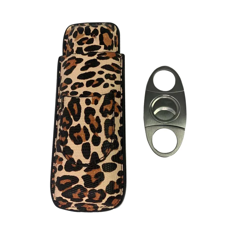 Custom Leopard Print Leather Cigar Case Tubes With Cigar Cutter Smoking Accessories Gift Set