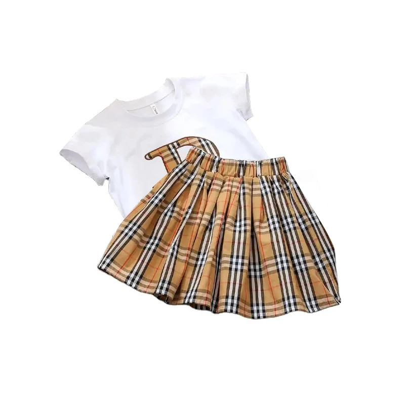 Wholesale Kids Summer Outfits Fashion Short Sleeve T-shirt Plaid Pleated Skirt Sets Boutique Clothing for Girls