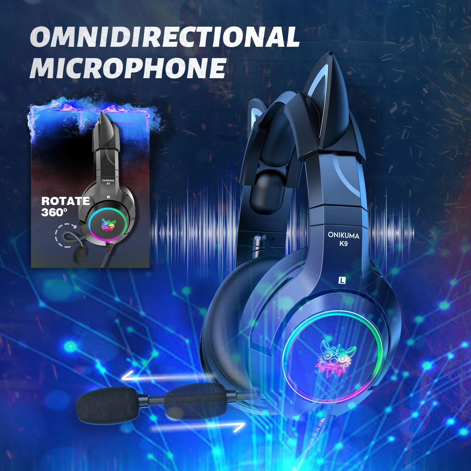 Noise Reduction Onikuma K9 Custom Pc Gamer Cat Ear Gaming Headset 7.1 With Mic