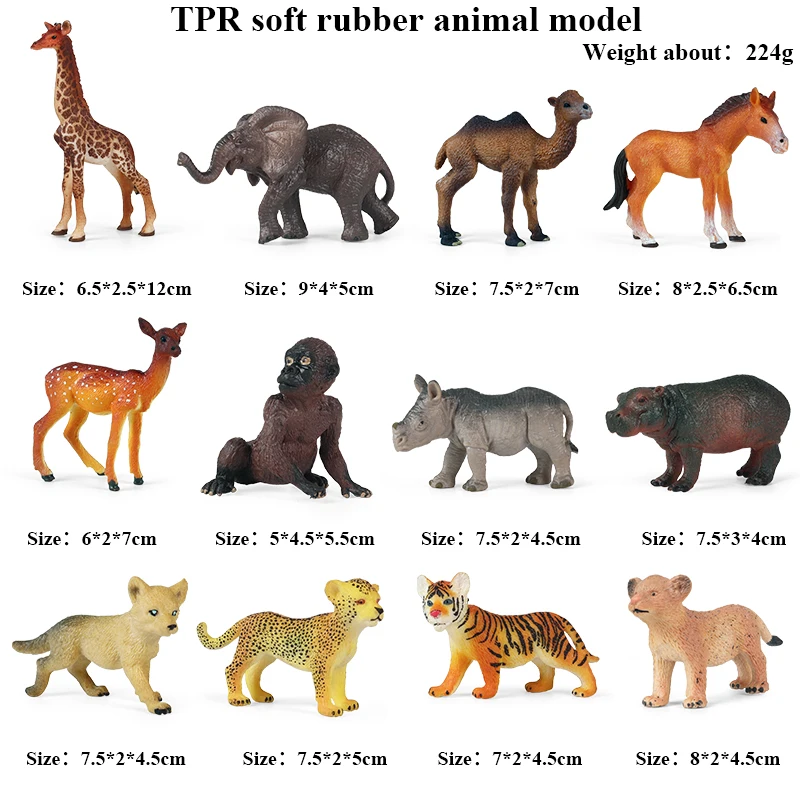 Oenux Wholesale Lovely Cartoon Wild Animals Deer Hippo Lion Wolf Model Action Figures Safety TPR Cake Toppers Kids Gift Toy