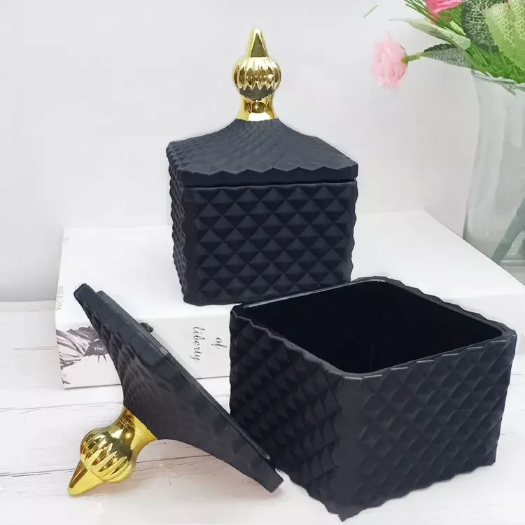 BESTSUN wholesale 8oz  black empty square Geo cut candle vessels with glass lid cube embossed glass candle jar for candle making