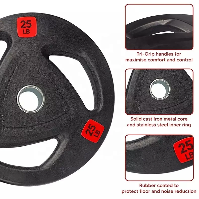 Custom Logo Tri Grip Weight Plates Rubber Gym Plates 25KG Cast Iron Bumper Plates For Barbell Weight Discs
