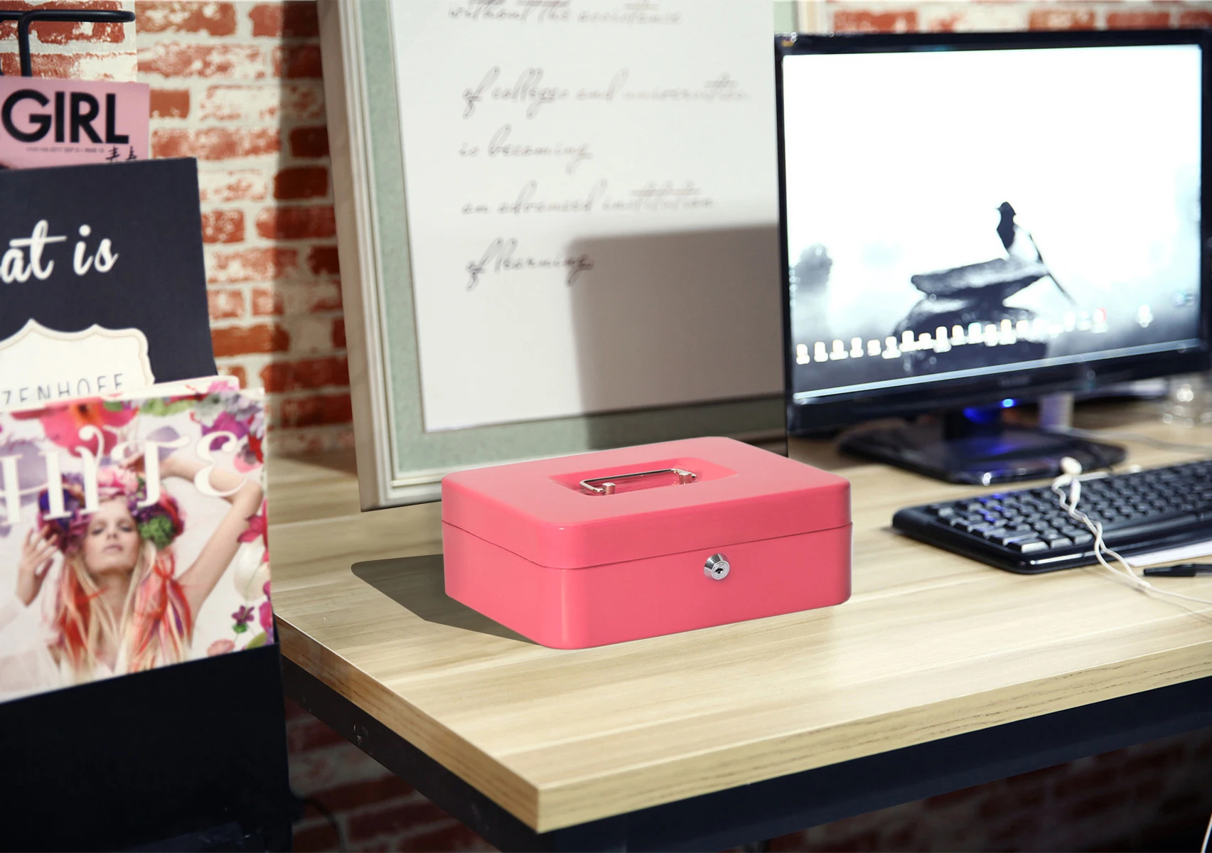 250mm Steel portable mechanical key lock office safety green  money cash box with plastic tray