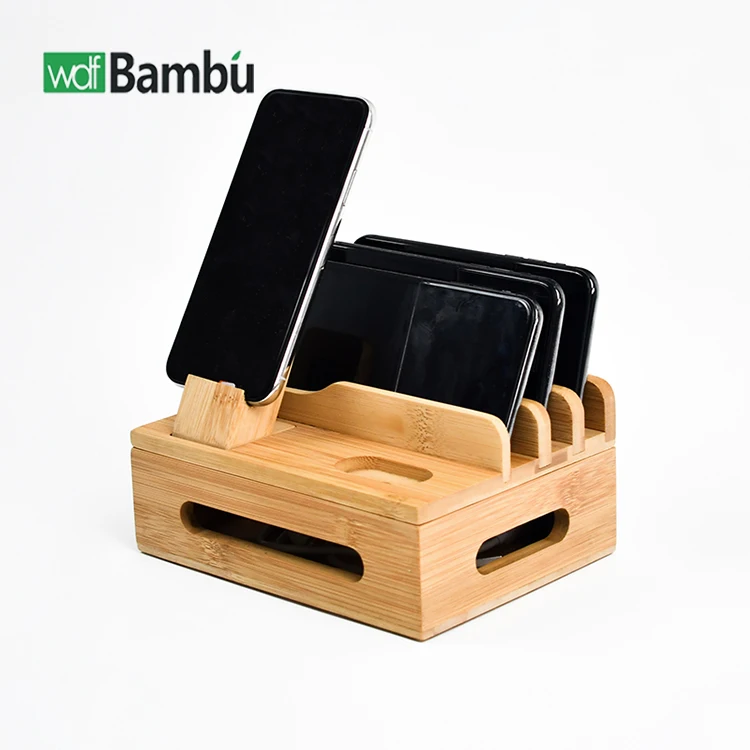 WDF New Product charging stations for multiple devices charging base storage box tablet computer stand bamboo charging station