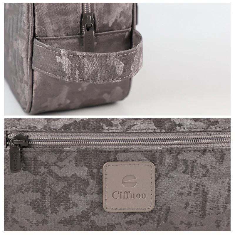 Logo Pattern Men Handle Organizer Waterproof Fabric Travel Zipper Pouch Wash Grey custom toilet bag