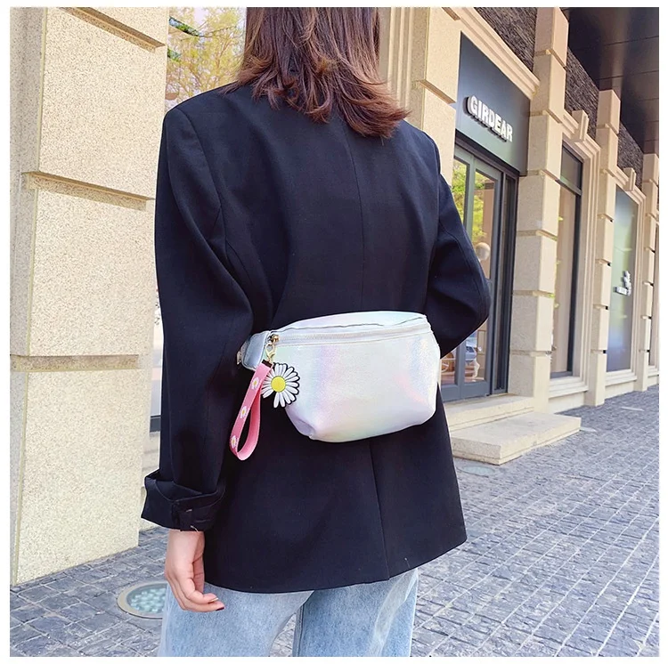 Gradient glitter PU fanny pack hologram wallet bum bag color weaving wide shoulder strap chest bags