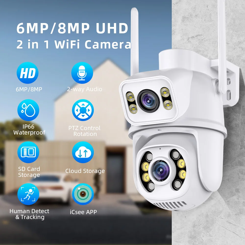6MP 8MP Outdoor Cctv Camera Dual Lens 360 Degree Panorama Full Color Night Vision With Audio Alarm Security Camera