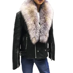 Wholesale Outer Pockets Real Soft Sheepskin Leather Zipper Black Men Motorcycle Leather Jacket