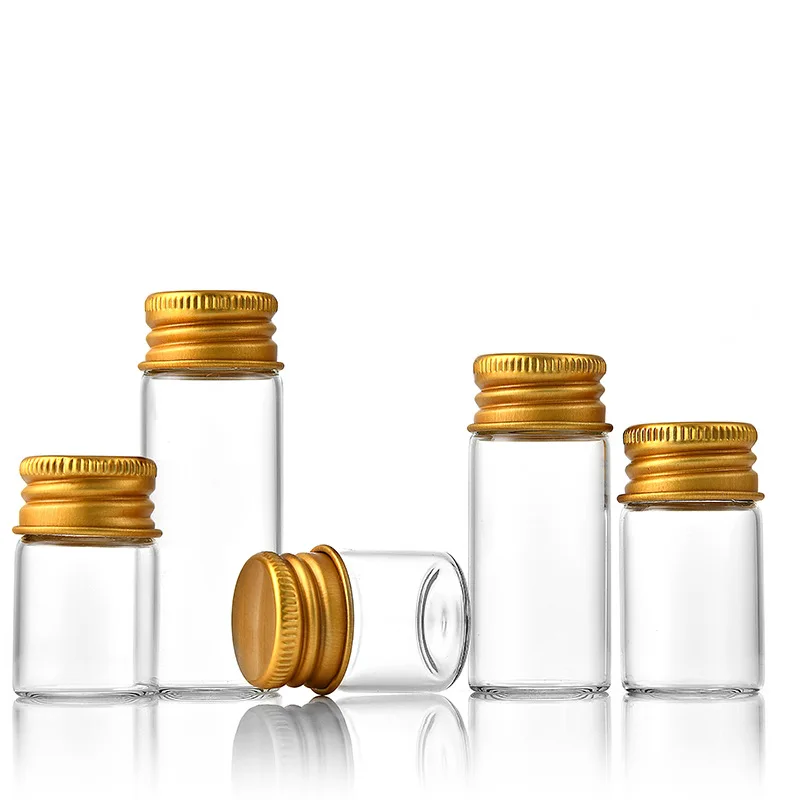 22mm Aluminum Cover Gold Mouth cylinder empty clear mini Small glass jar bottle with screw cap storage packaging