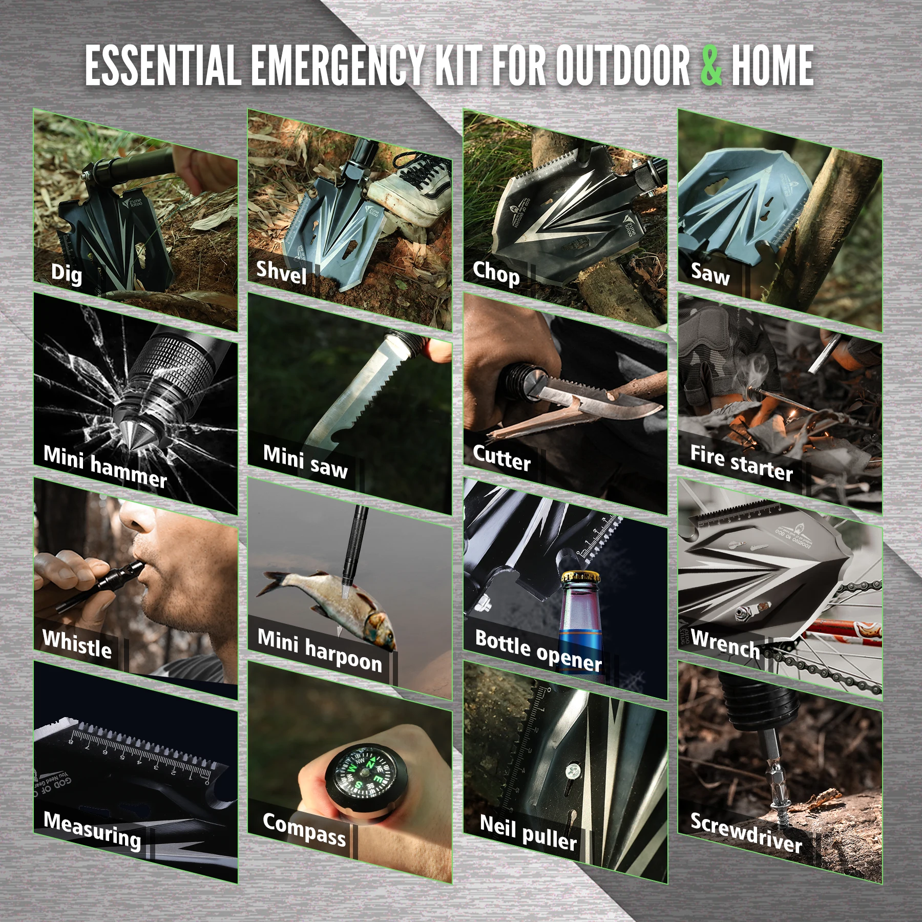 High Quality Carbon Steel Multi-function Portable Survival Kits Outdoor Camping Multi Purpose Spades & Shovel Tactical