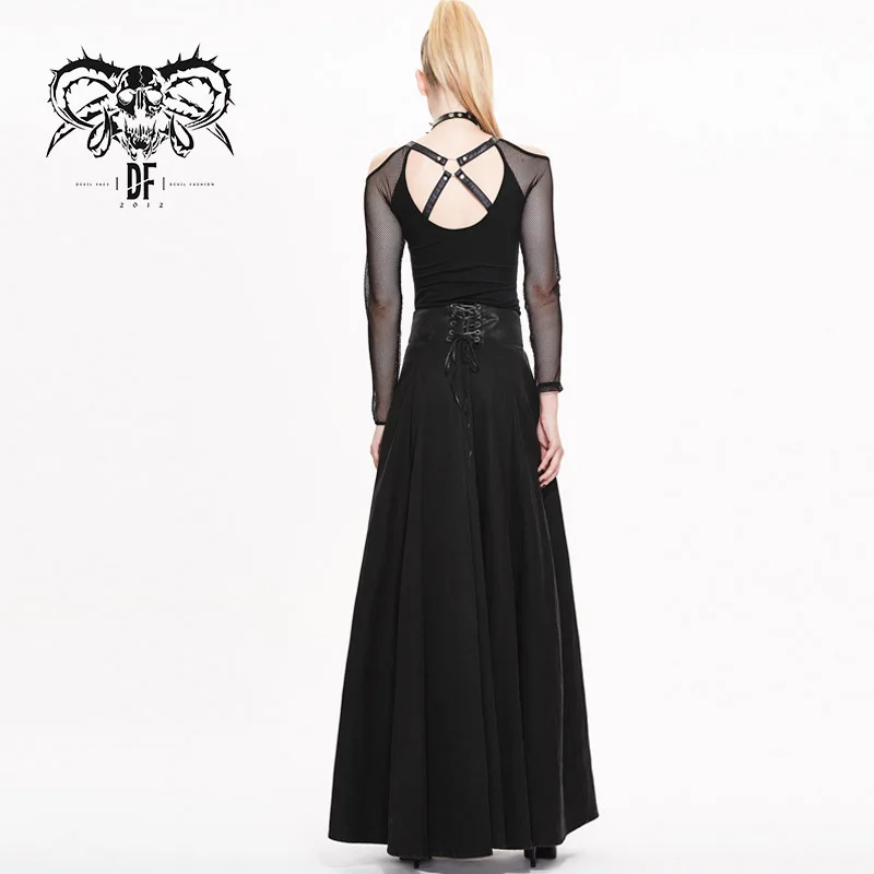 SKT017 devil fashion summer daily punk versatile sexy flowing  black long half skirts with belts