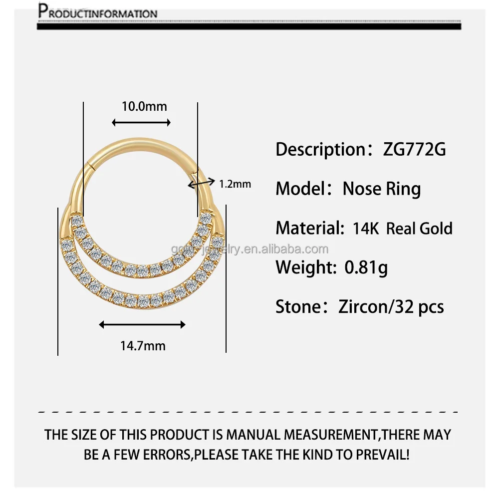 14k Solid Yellow Gold Piercing Jewelry Hoop Zircon Nose Rings Cute Design Fine Jewelry