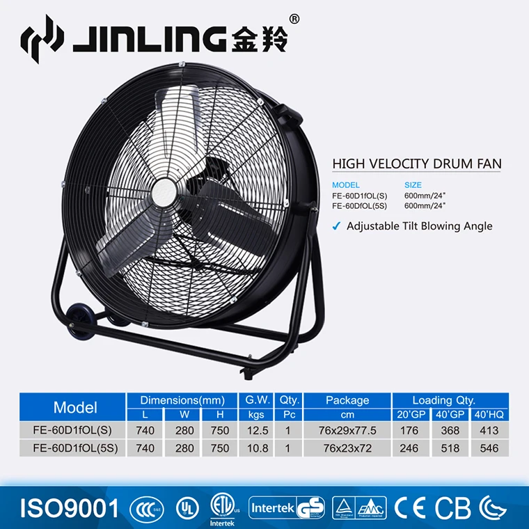 24' 600mm Portable Quiet Heavy Duty Garage cool air Shop Warehouse Industrial blower Drum Fan 110V 120V