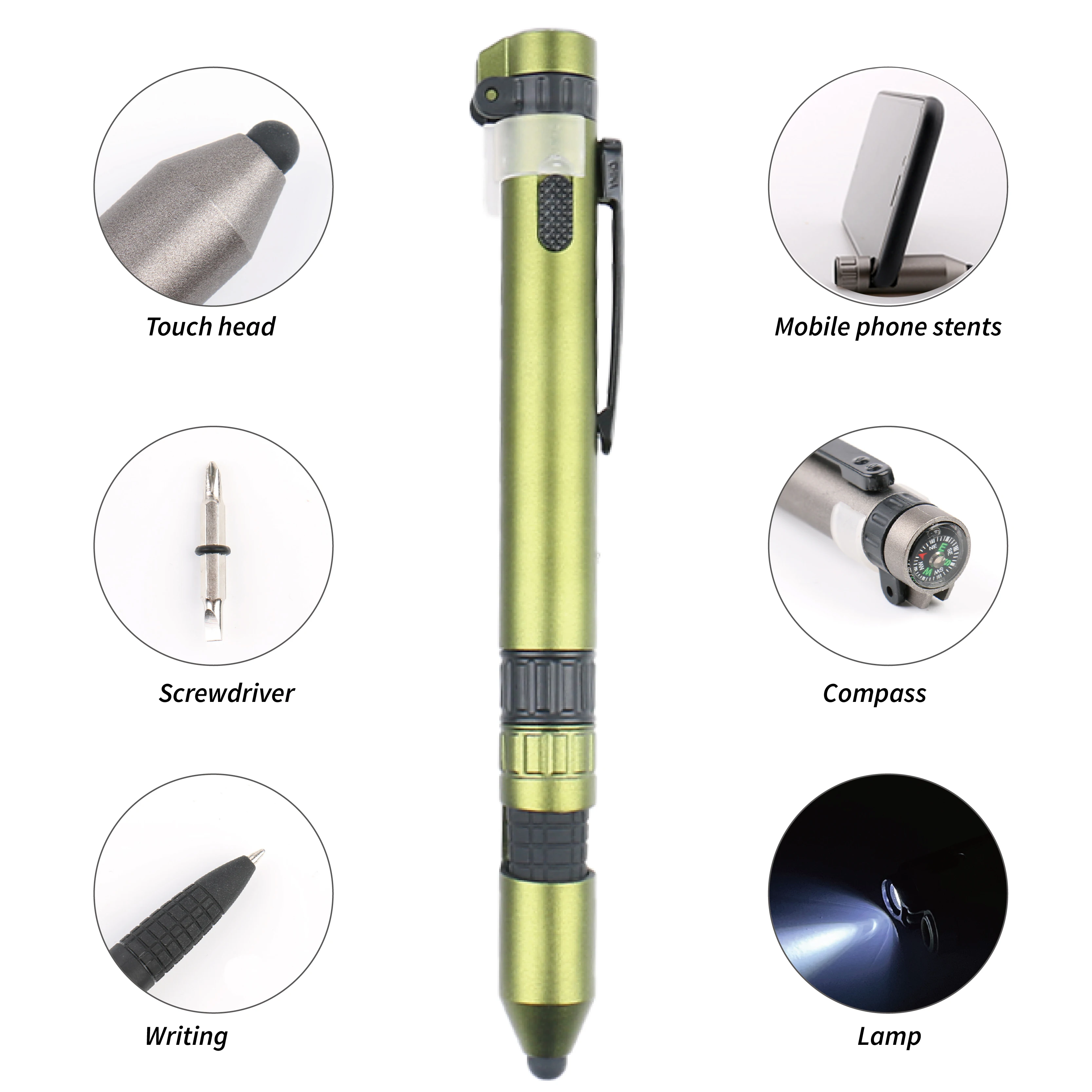 High Quality Custom Light and Compass Personalized Logo 6 in 1 Multi functional pen Holder Multipurpose Tactics Pen with Stylus