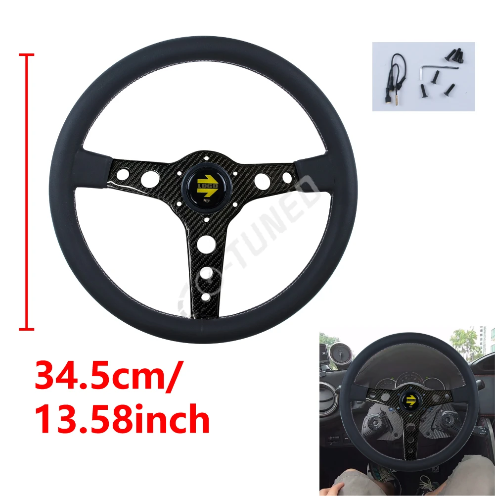 345mm/13.58inch JDM Racing Prototipo Style 6-Bolt Carbon Fiber Spoke Black Leather Steering Wheel With Logo Horn Button