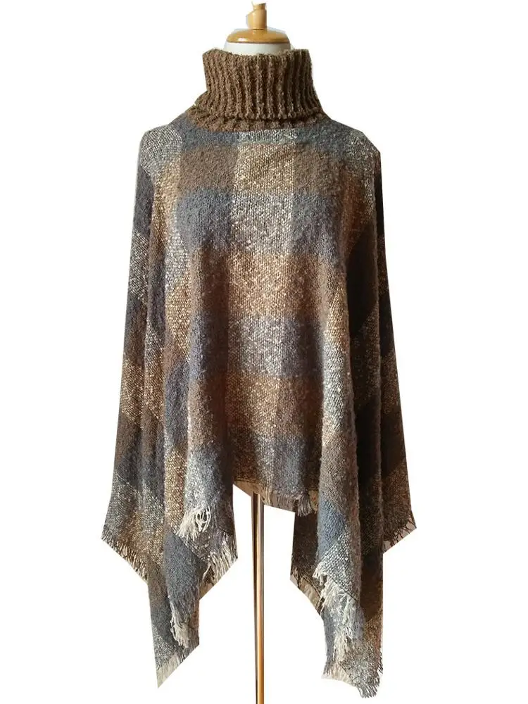 
New Arrival Fashion High Collar Plaid Tassel Cloak Shawl Sweater Winter Poncho For Women Winter 