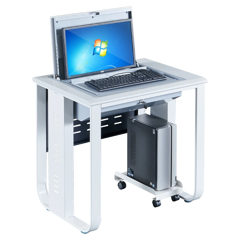 LCD Monitor Keyboard Mouse Hidden inside Safe Lockable Computer Desk Flip Up Desktop Classroom Desk Table