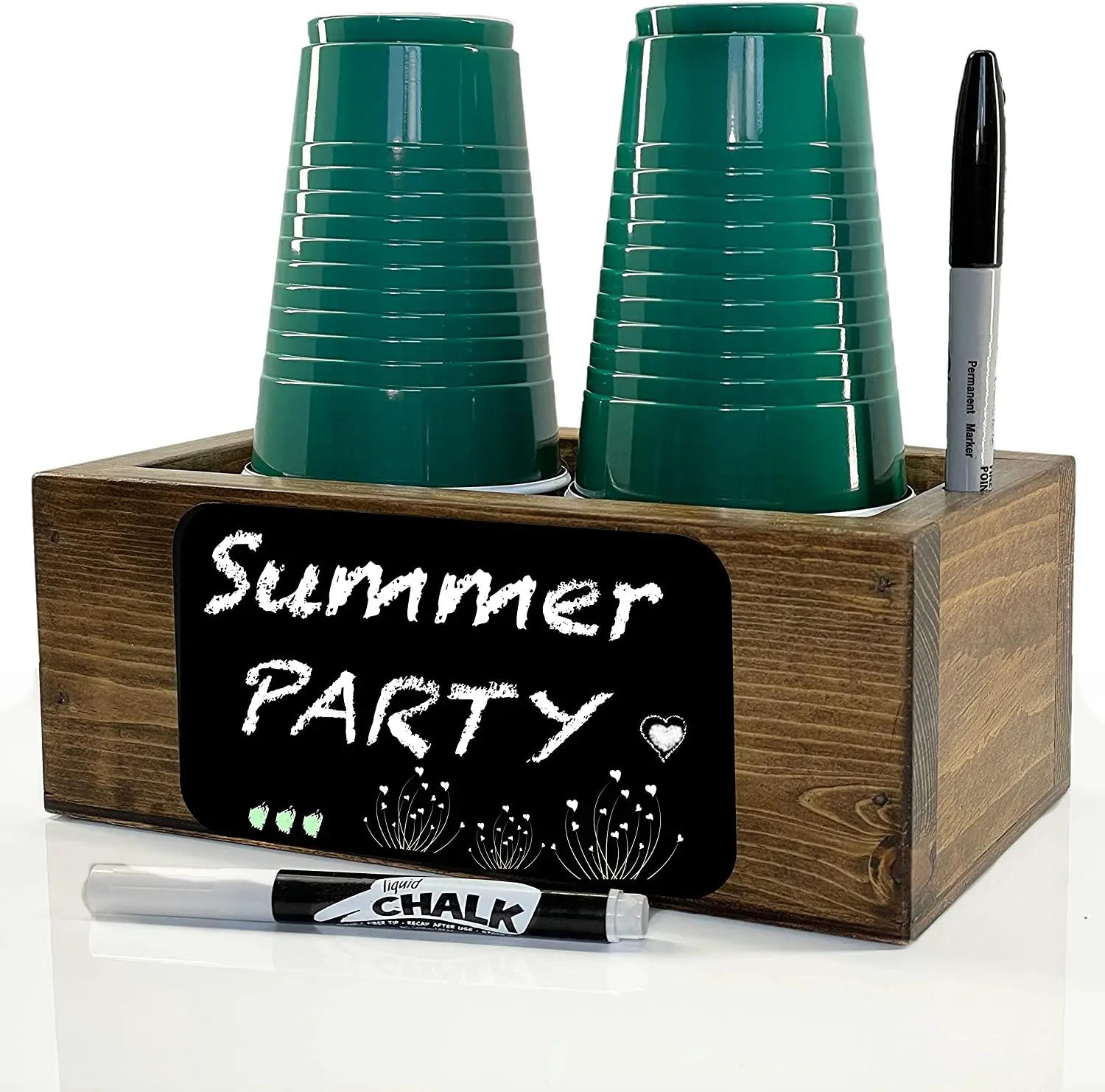  Double Solo Cup Holder with Marker Slot - Dark Walnut Stain Standard Size That Fits Most Brands Plastic or Paper Party