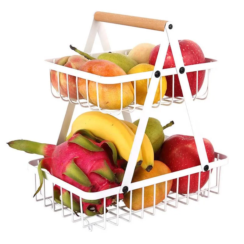 2-Tier Metal Mesh Fruit Basket Portable Kitchen Storage Countertop Shelf Rack for Fruits Vegetables Household Toiletries