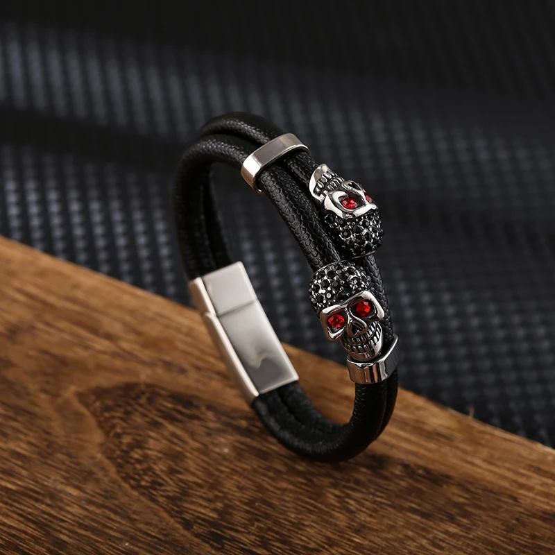 Wholesale Jewelry Colorful Diamond Skull Stainless Steel Leather Bracelet Mens Leather Bracelets with Magnetic Clasp