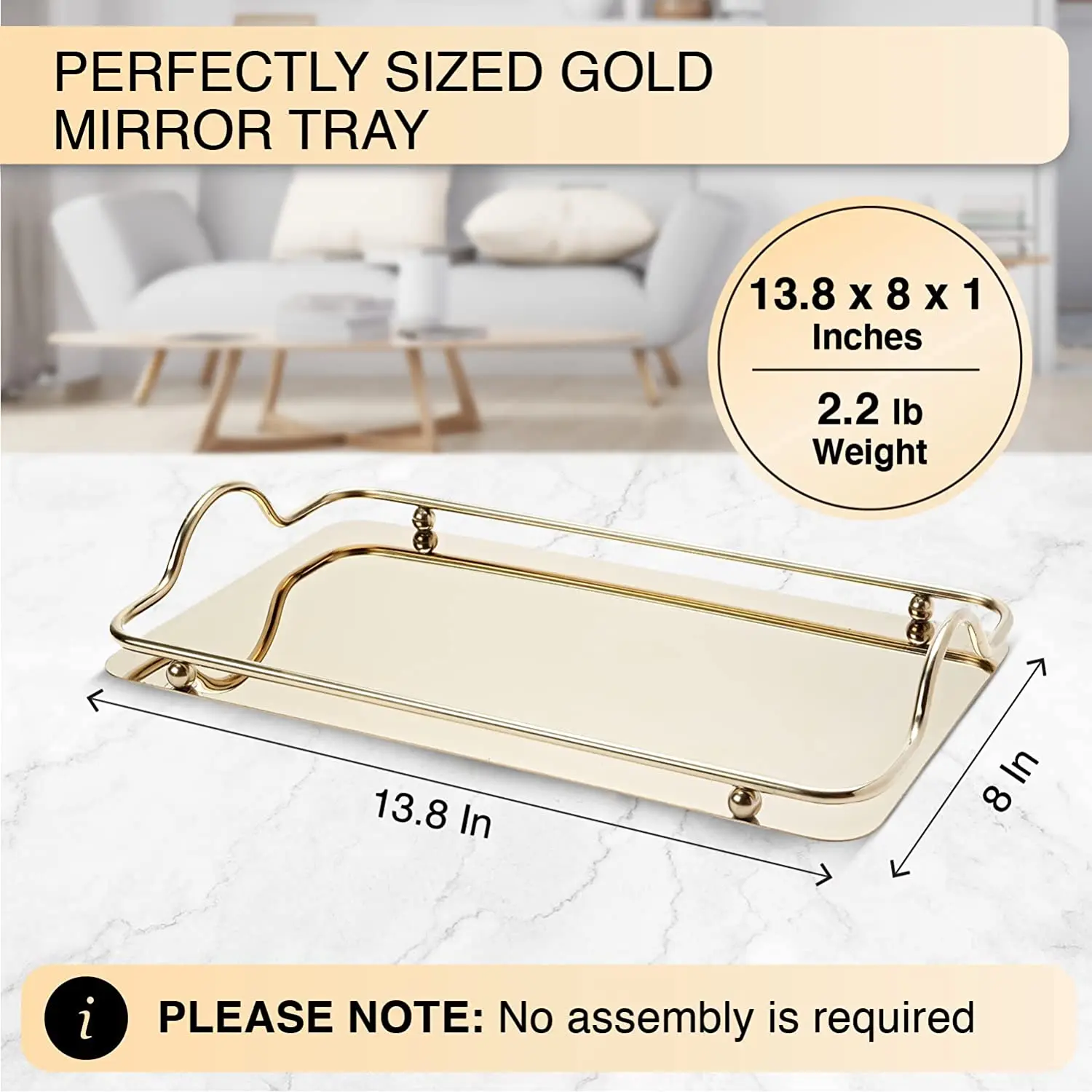 Gold Mirror  Vanity Jewelry Perfume Organizer Decorative Tray  Handle Makeup Tray Mirror Tray Vanity Dresser Bathroom