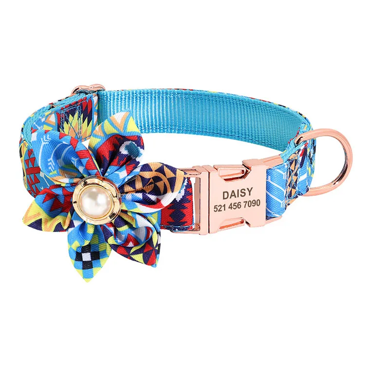 Eco Friendly Luxury Brand  Pet Cat Fashion Small Cute Beaded Fancy Pattern Flower Metal Buckle Dog Collar