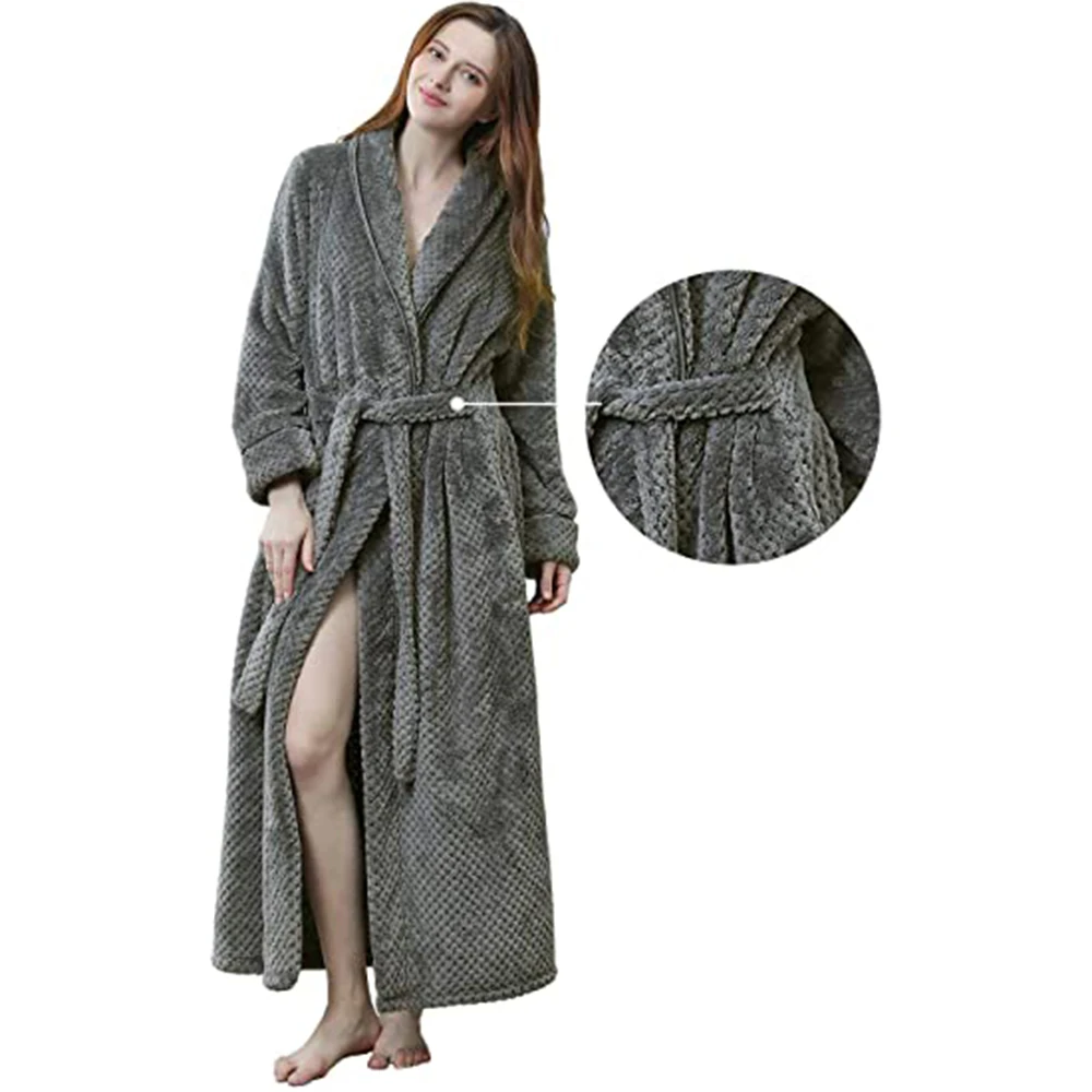 Wholesale Winer Ready to Ship Ankle Length Shawl Collar Couple Pajamas Lady Sleepwear Thick Warm Flannel Fleece Bathrobe