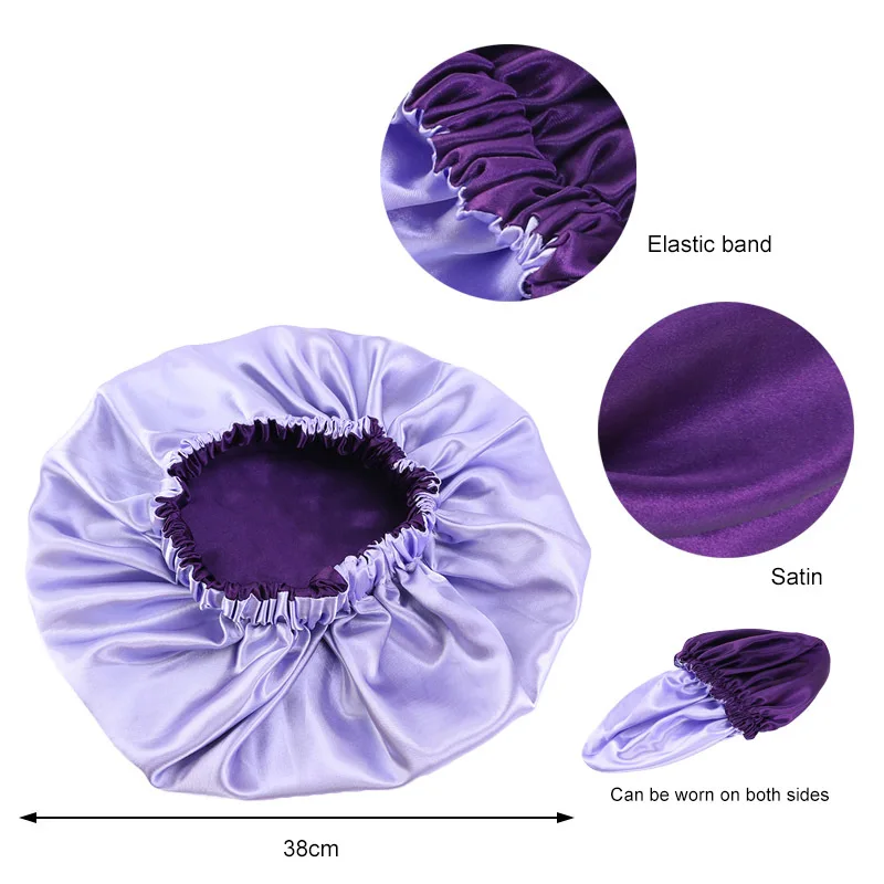 Extra Large Diameter 38cm Double Layer Silk Hair Bonnet Cap Plain Sleeping Reversible Satin Bonnet