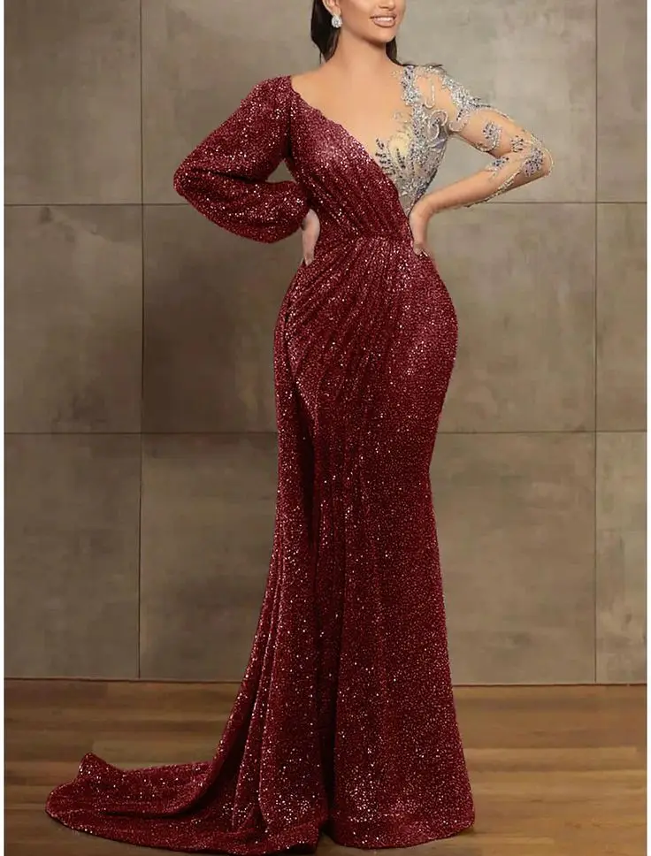Mermaid _ Trumpet Evening Gown Elegant Dress Formal Christmas Court Train Long Sleeve Illusion Neck Sequined with Pleats Sequin