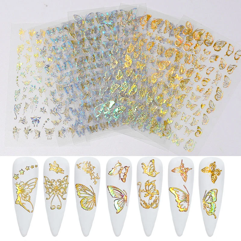 1pc Holographic Gold Silver Butterfly Design Nail Art Stickers DIY Decals for Manicure 3D Self-Adhesive Decals Nails Manicure