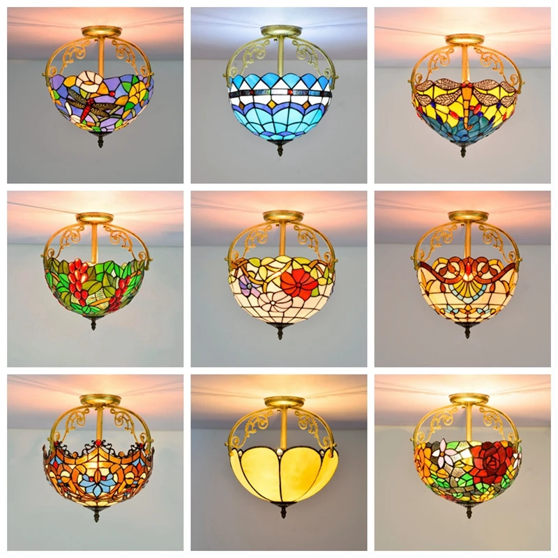 12 дюймов Латунь и стекло потолочный светильник очки Tiffanyceilinglamp витражный стиль Tifany лампы купол Тиффани