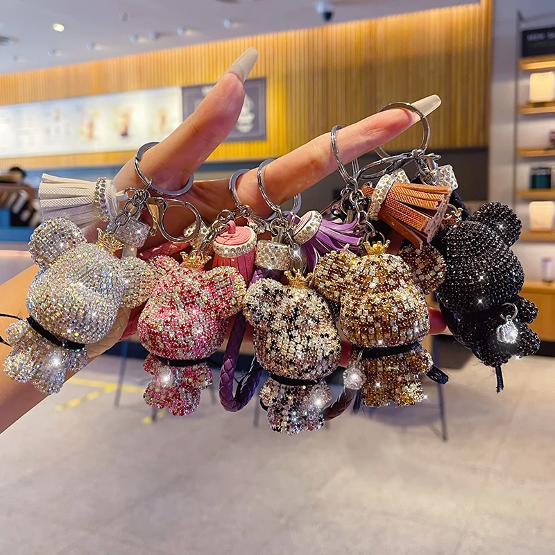 Baimao Creative cute bear rhinestone encrusted diamond female bag Couple car pendant keychain for wholesale