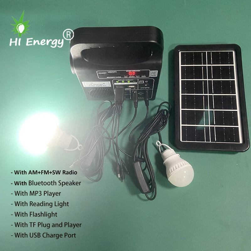 HiEnergy solar lighting kit portable solar panel light kit outdoor rechargeable solar powered radio fm am