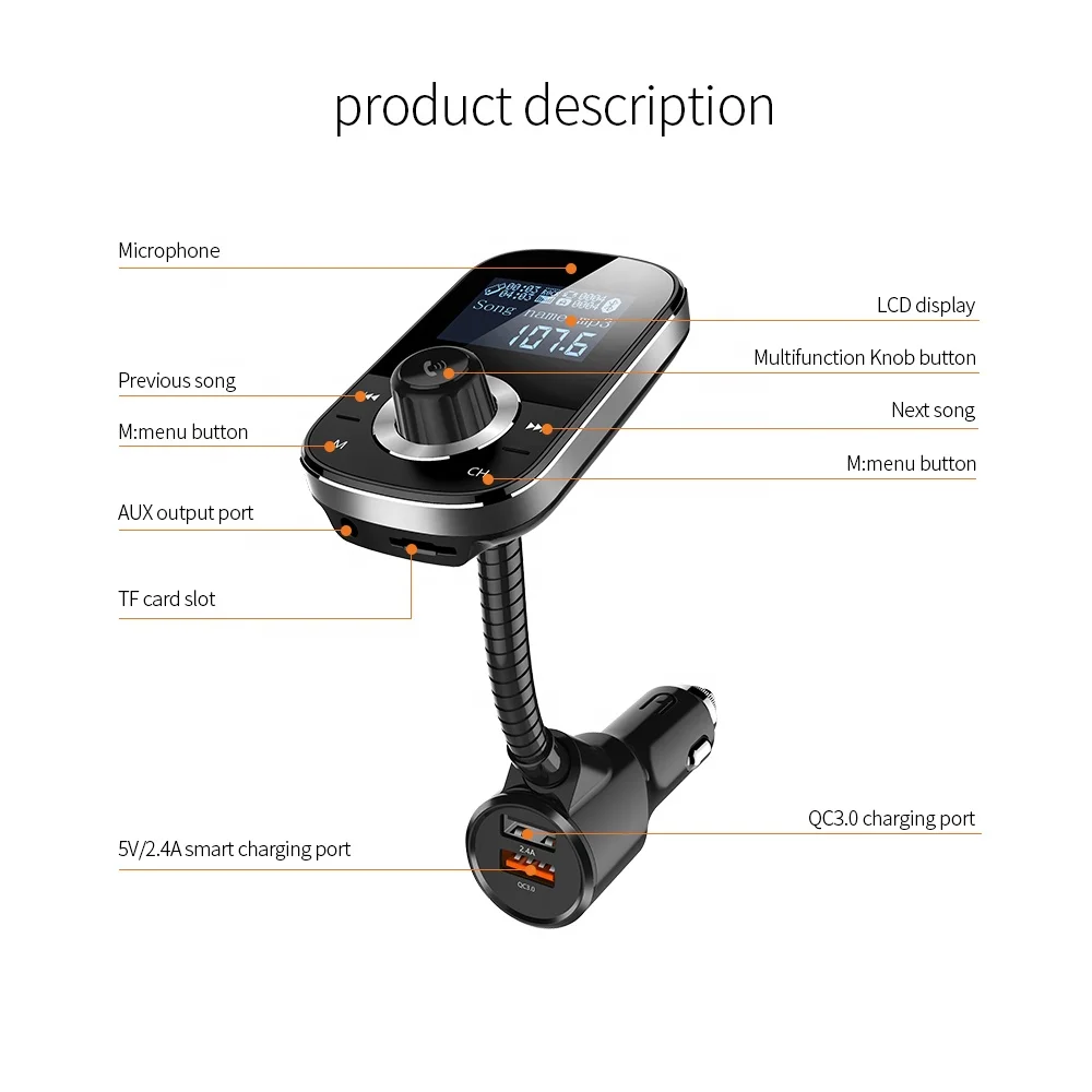 HY-90 qc3.0 usb car charger portable cd player fm transmitter with BT function