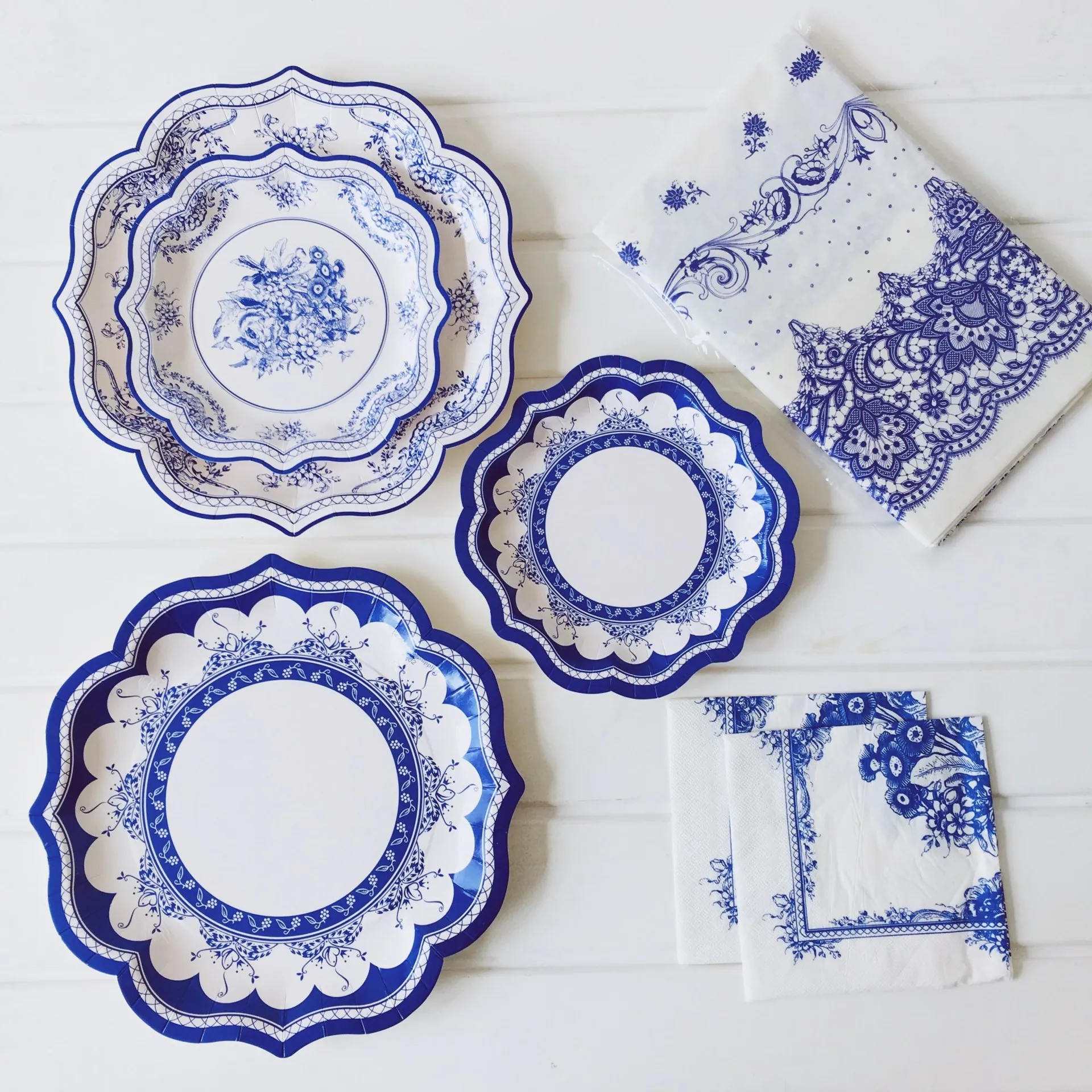 Porcelain Paper Plate Napkin Cup Palmy New Retro Chinese Plate Wedding Lace Plate Festive Disposable Party Style Blue and White