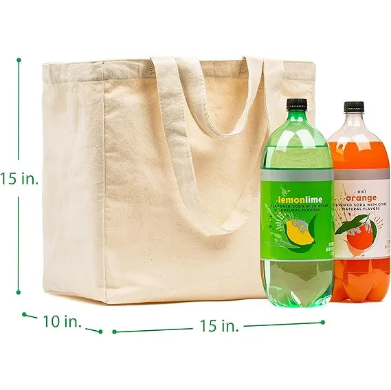 Custom Logo Canvas Grocery Bag Set with Real Pockets Long Shoulder Strap Short Handle Heavy Duty Foldable Washable for Shopping