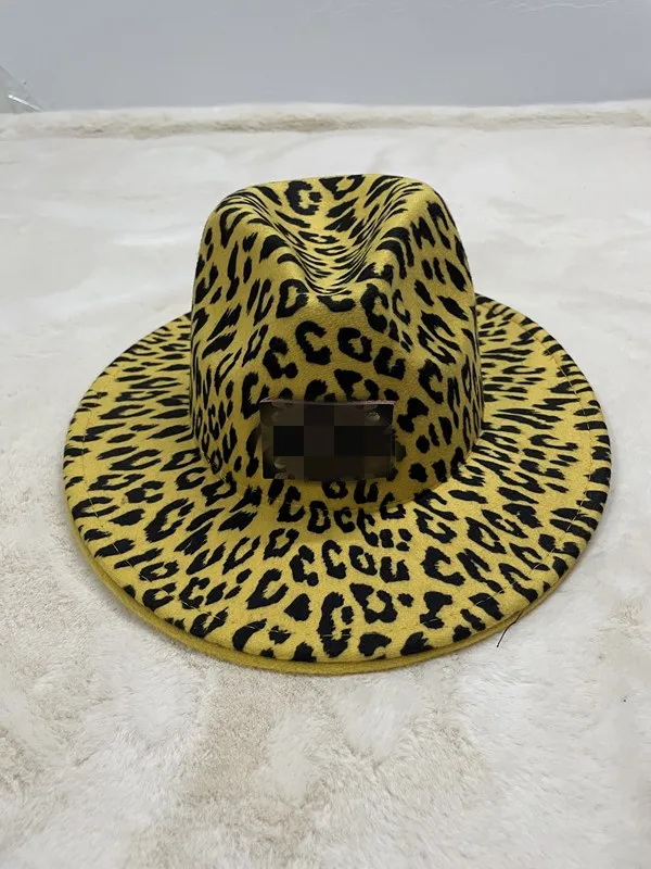 New Style Autumn Winter Classical LOGO Leopard Print Big Wide Brim Jazz Hat Men and Women Top Hat Fedora Hats