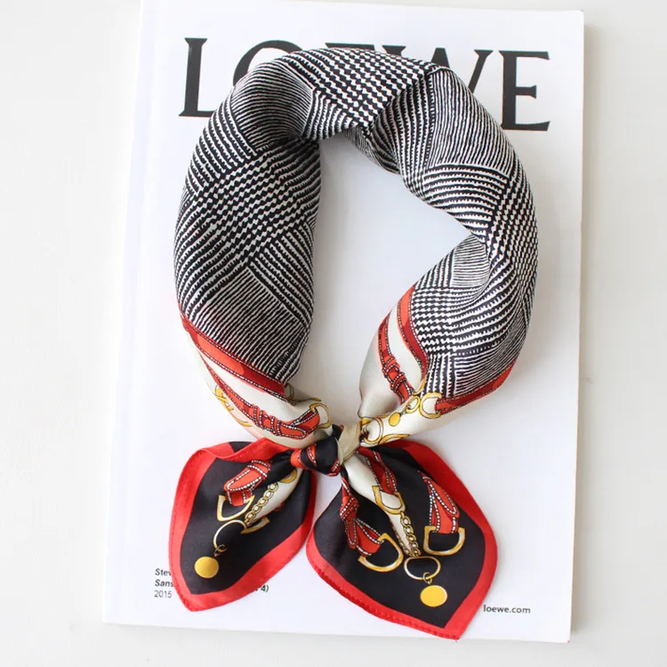 Модный Элегантный Простой атласный шелковый шарф в клетку с цепочкой, маленькое квадратное полотенце, печать, 100% шелк тутового шелкопряда, шарф для женщин