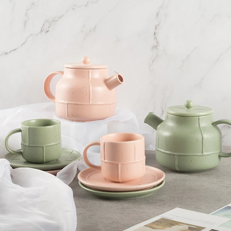 Hot selling tea pot set with sesame glaze pink green color