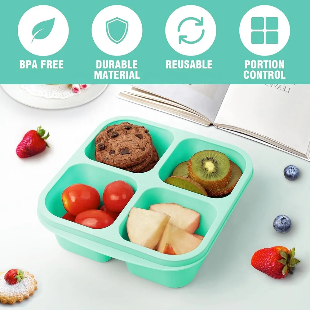 BPA Free Plastic Serving Tray with Lid 4 Compartments Snackle Bento Box Wheat Straw Meal Prep Containers (4 Pack)