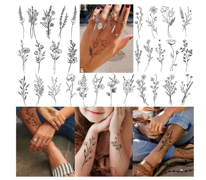 15 Sheets Tiny Branch Black Flower Temporary Tattoos For Women Girl Floral Bouquet Small Tattoo Temporary