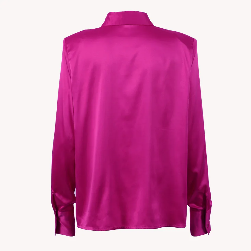 Streetwear Korean Satin Turn-down Collar High Shoulder Blouse Lady Single Breasted Long Sleeve Shirts For Women