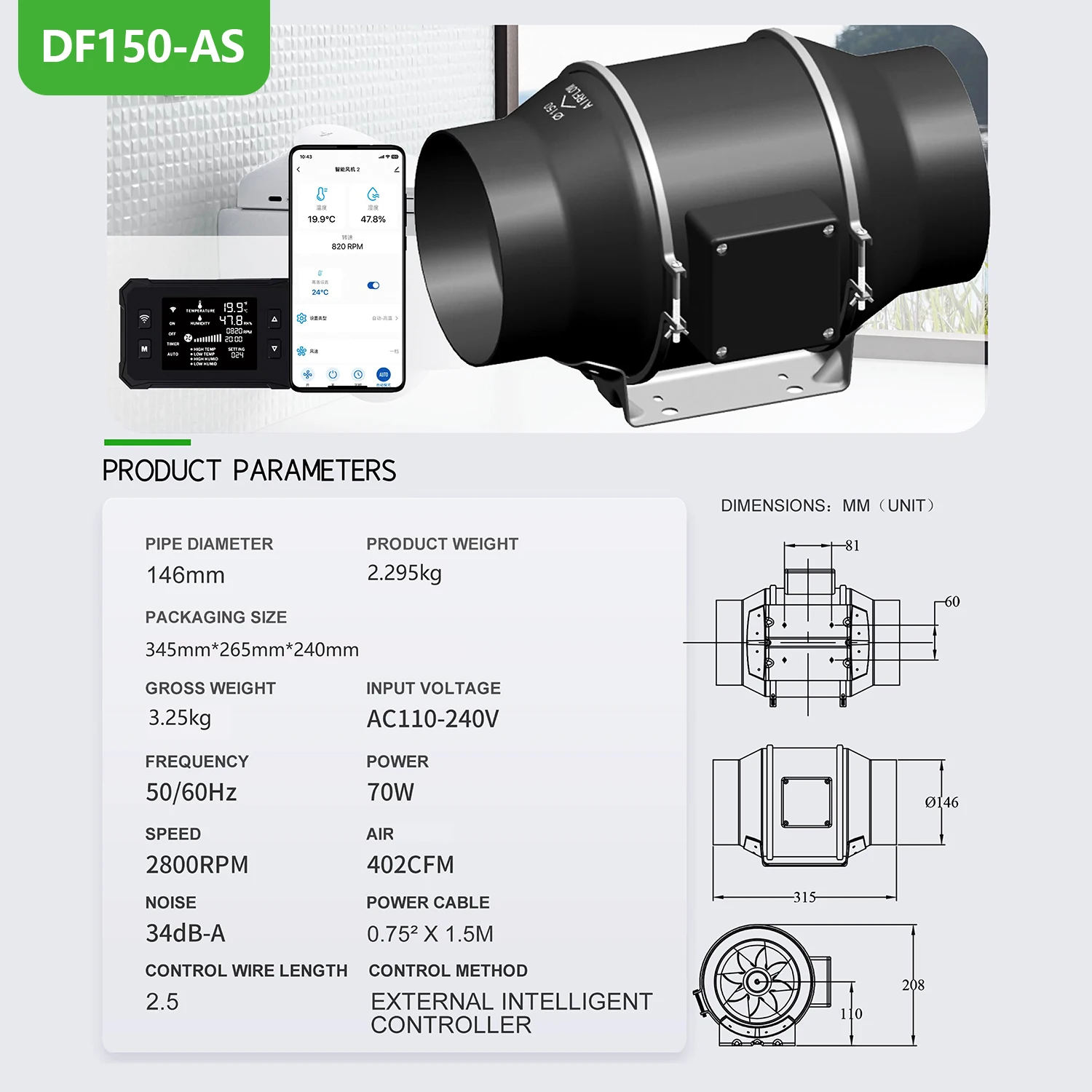 Factory Price  6 Inch Speed EC Electric Control Inline Fan Hydroponic Ventilation Kit for Indoor Greenhouse Growing Tents