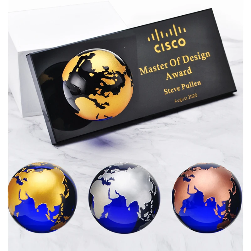 Jadevertu  K9 crystal globe ball award trofeos crystal plaque award glass plaque custom award desk decoration gift