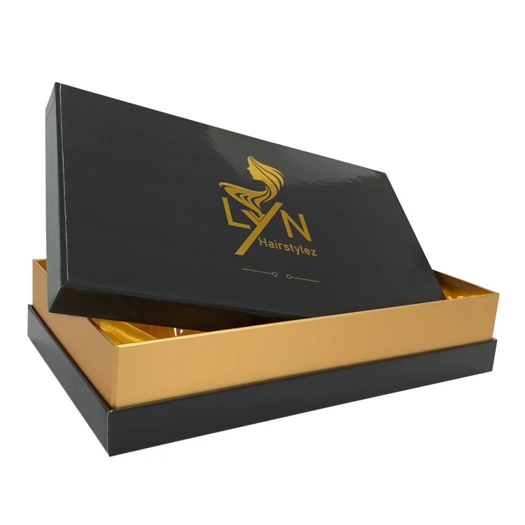 Wholesale Custom Cardboard Paper Box Two Pieces Style Glossy Wig Hair Extension Box with  Golden Satin Fabric Inside